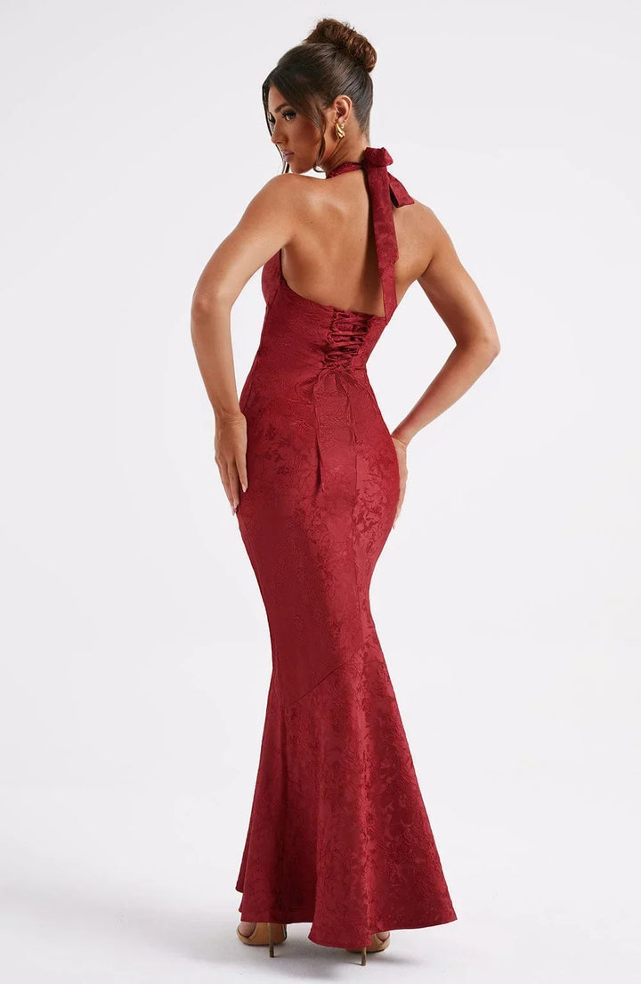 Women's Evening Maxi Dress with Plunge Neckline and Open Back