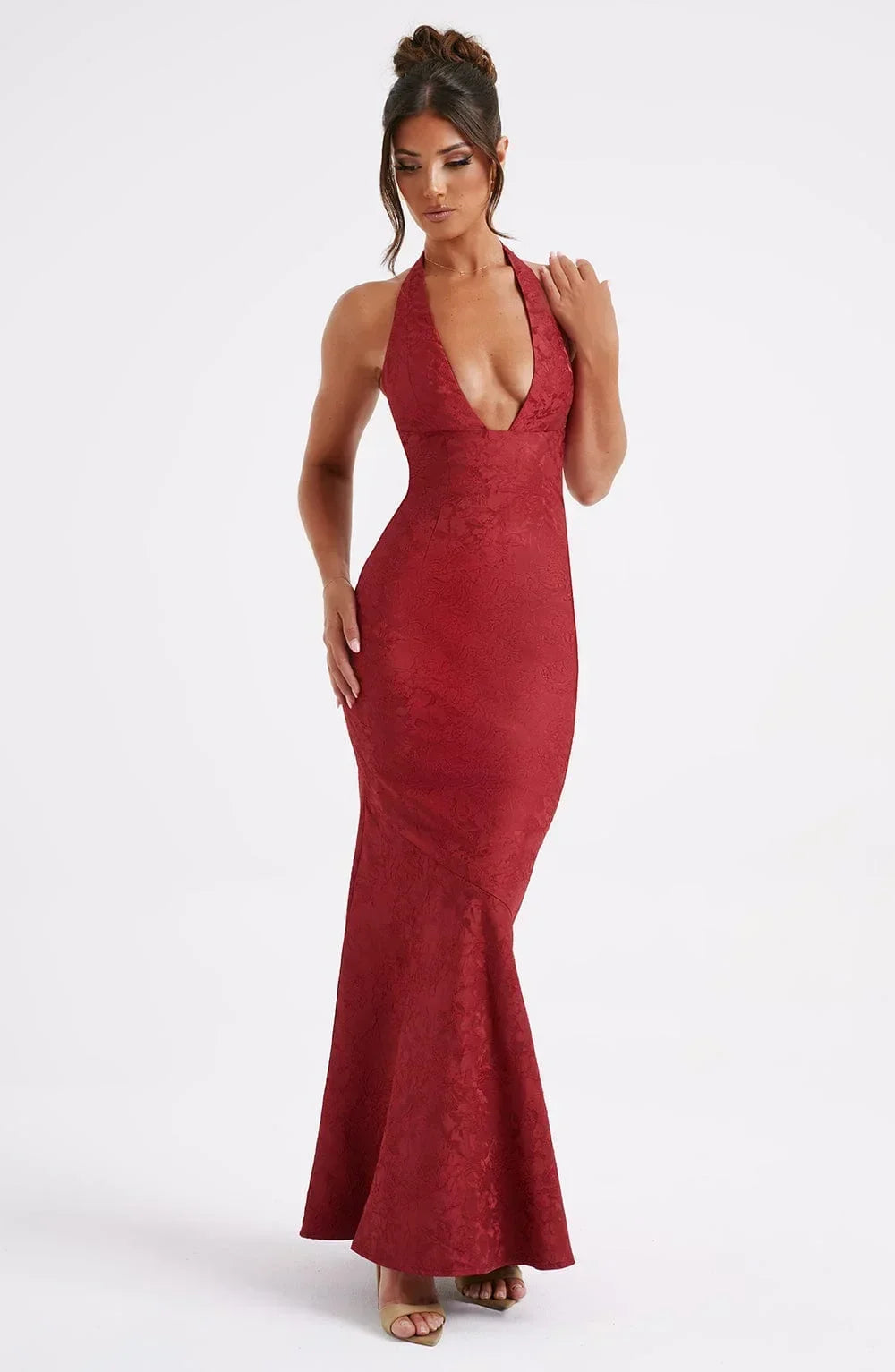 Women's Evening Maxi Dress with Plunge Neckline and Open Back