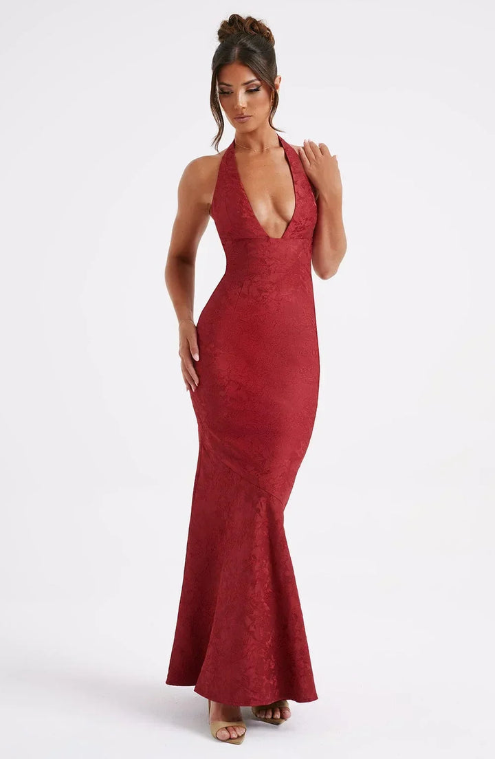 Women's Evening Maxi Dress with Plunge Neckline and Open Back