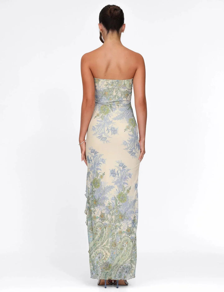 Women's Wedding Guest Maxi Dress with Strapless Neckline and Floral Print