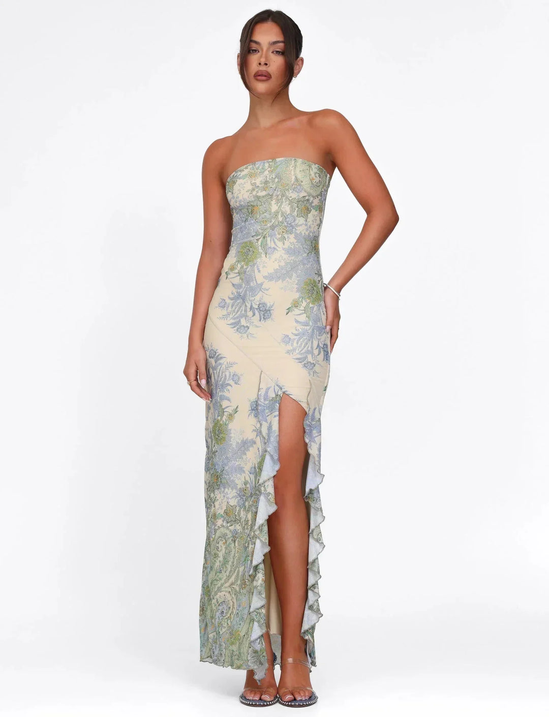 Women's Wedding Guest Maxi Dress with Strapless Neckline and Floral Print