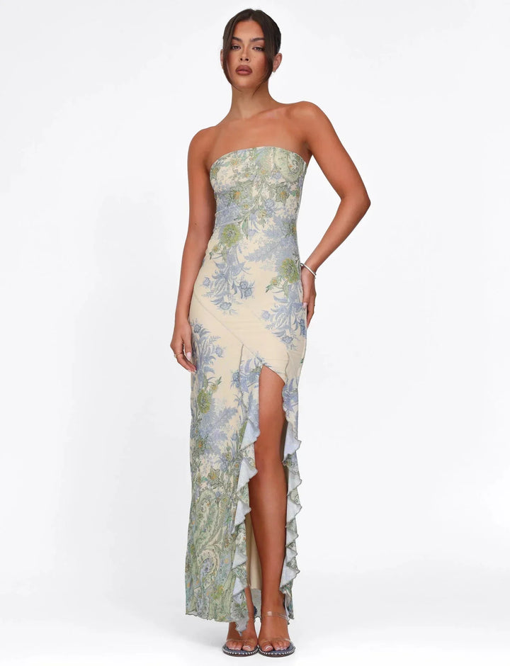 Women's Wedding Guest Maxi Dress with Strapless Neckline and Floral Print