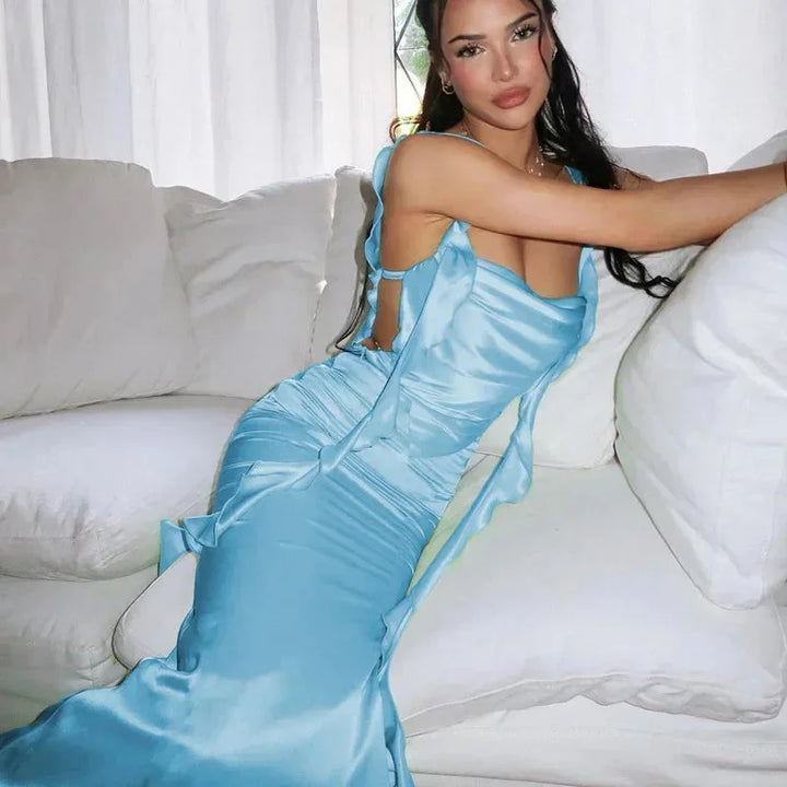 Women's Evening Maxi Dress with Cowl Neck and Satin Finish