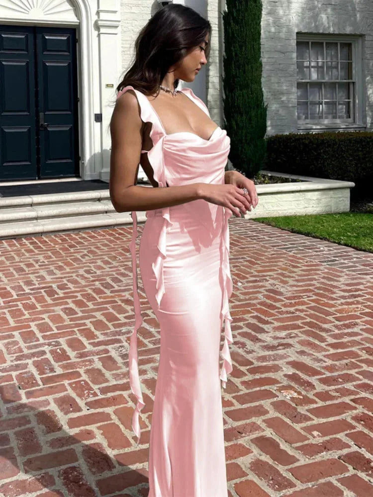Women's Evening Maxi Dress with Cowl Neck and Satin Finish