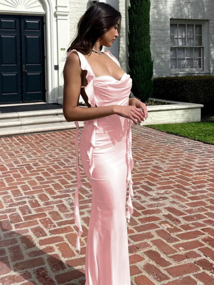 Women's Evening Maxi Dress with Cowl Neck and Satin Finish