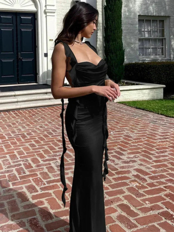 Women's Evening Maxi Dress with Cowl Neck and Satin Finish