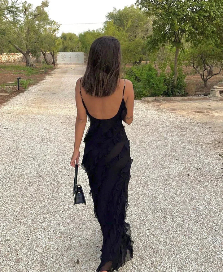 Women's Evening Maxi Dress with Ruffle Detail and Spaghetti Straps