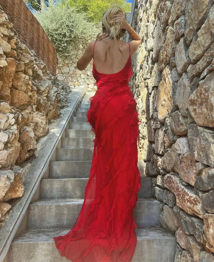 Women's Evening Maxi Dress with Ruffle Detail and Spaghetti Straps