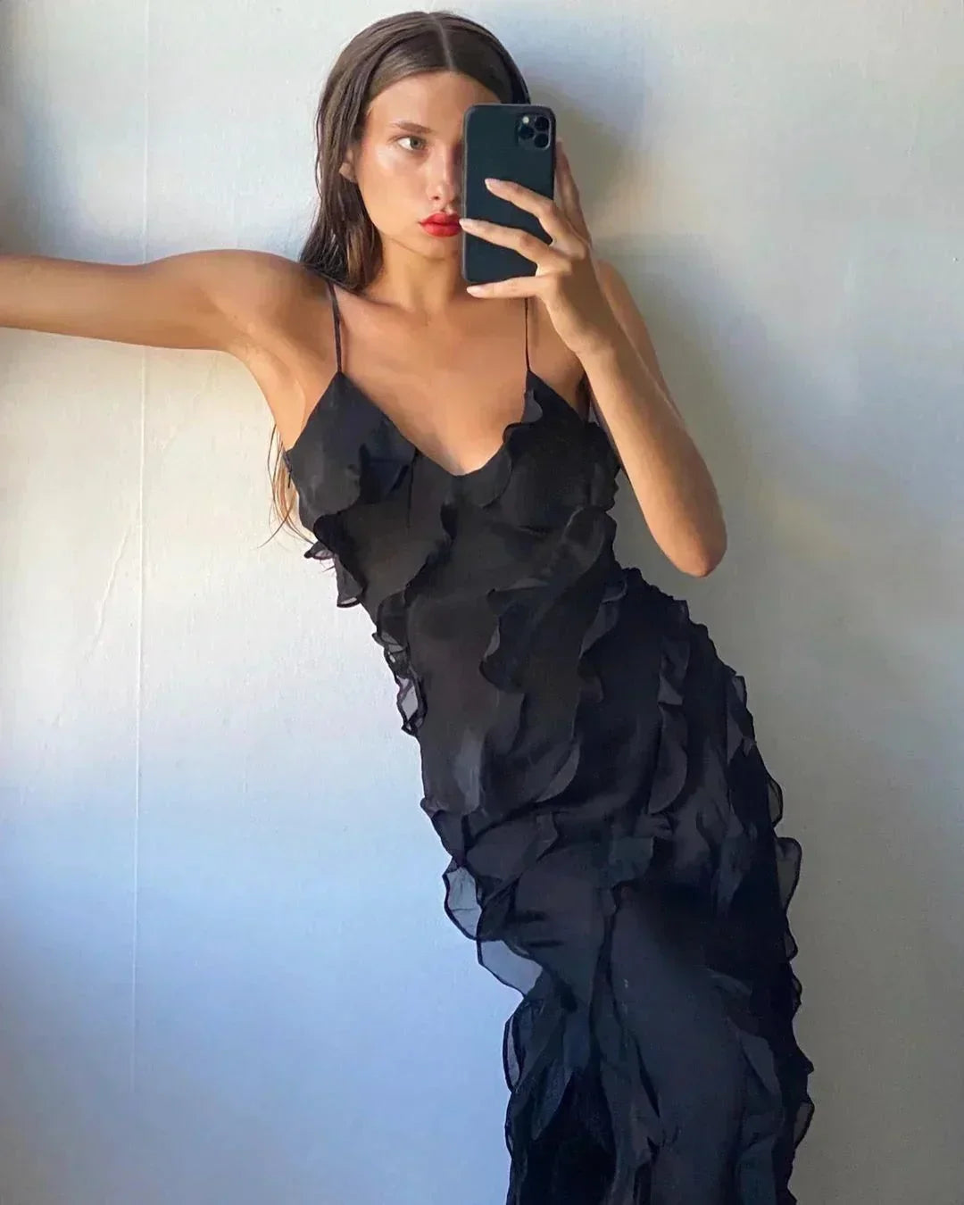 Women's Evening Maxi Dress with Ruffle Detail and Spaghetti Straps