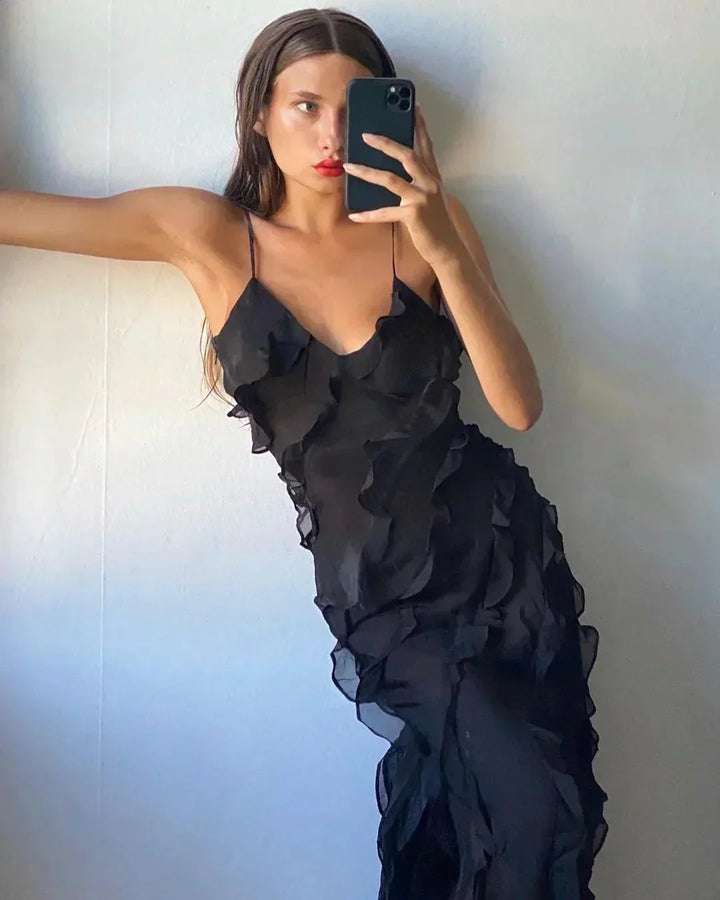 Women's Evening Maxi Dress with Ruffle Detail and Spaghetti Straps
