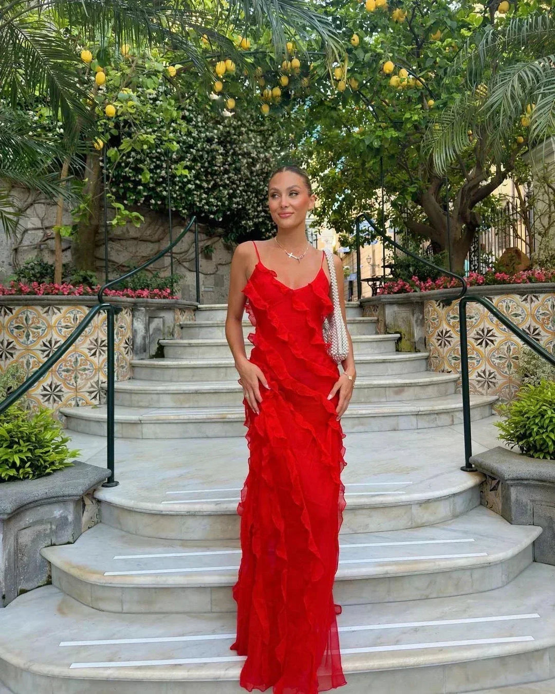 Women's Evening Maxi Dress with Ruffle Detail and Spaghetti Straps