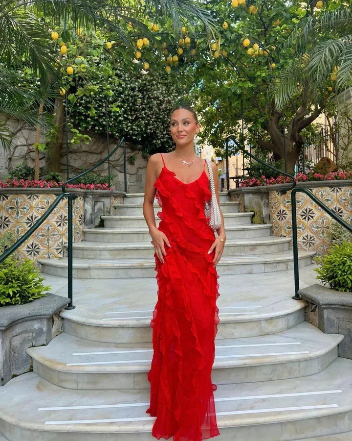Women's Evening Maxi Dress with Ruffle Detail and Spaghetti Straps