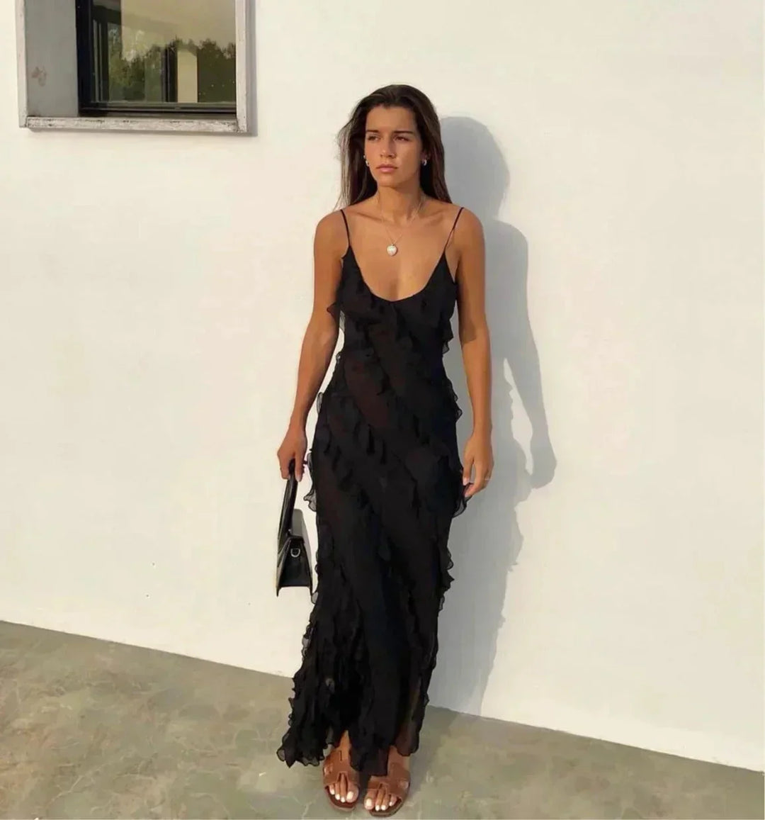 Women's Evening Maxi Dress with Ruffle Detail and Spaghetti Straps