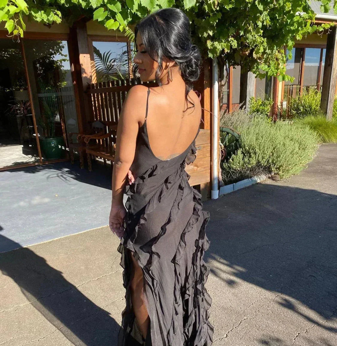 Women's Evening Maxi Dress with Ruffle Detail and Spaghetti Straps