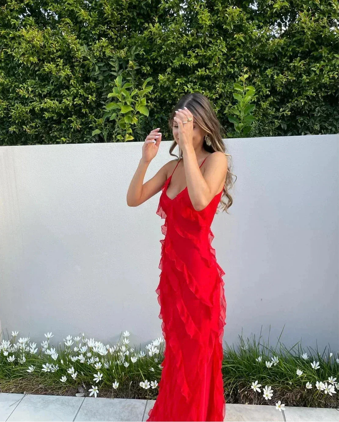 Women's Evening Maxi Dress with Ruffle Detail and Spaghetti Straps
