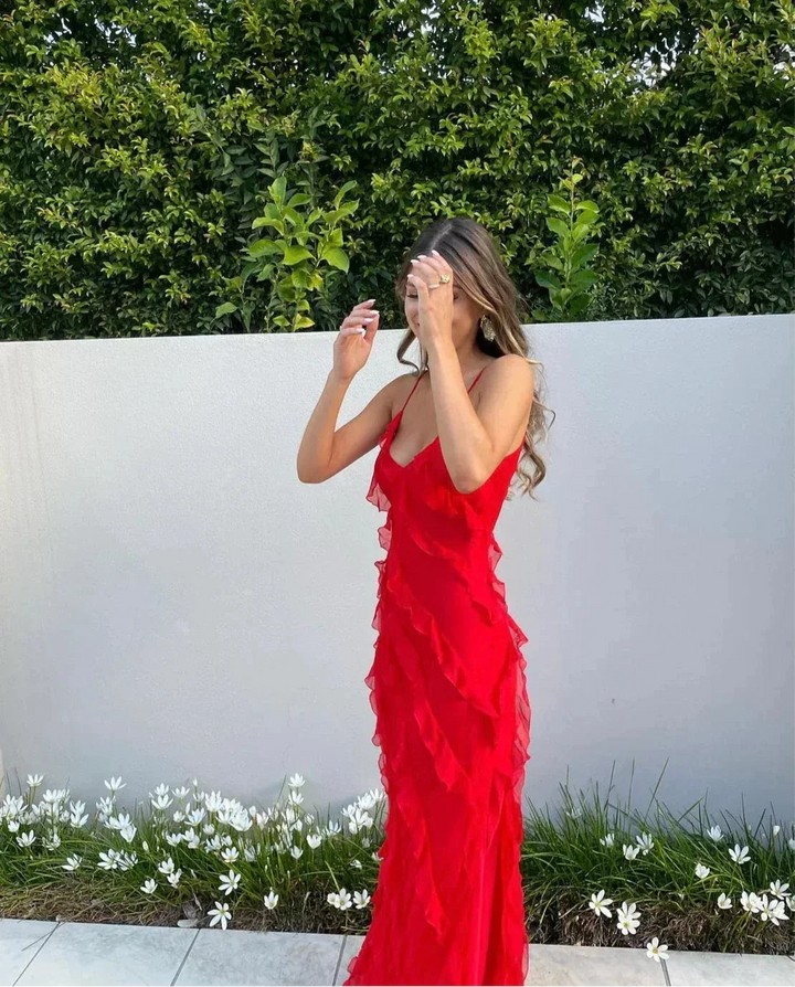 Women's Evening Maxi Dress with Ruffle Detail and Spaghetti Straps
