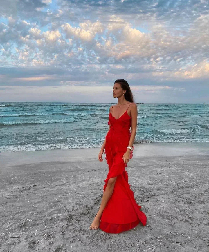 Women's Evening Maxi Dress with Ruffle Detail and Spaghetti Straps
