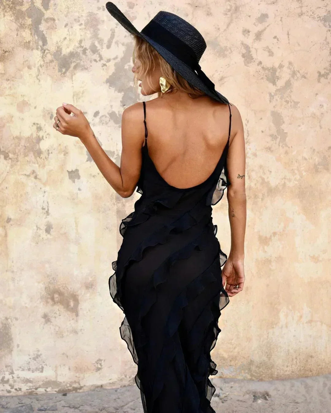 Women's Evening Maxi Dress with Ruffle Detail and Spaghetti Straps