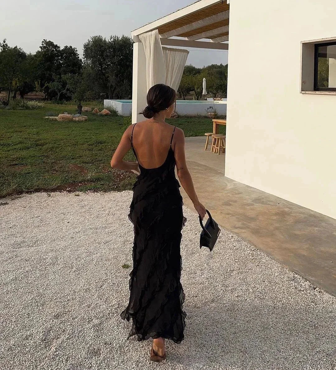 Women's Evening Maxi Dress with Ruffle Detail and Spaghetti Straps