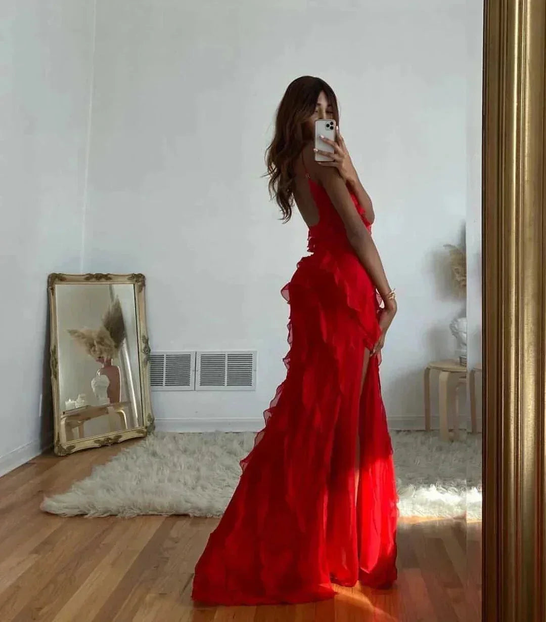 Women's Evening Maxi Dress with Ruffle Detail and Spaghetti Straps