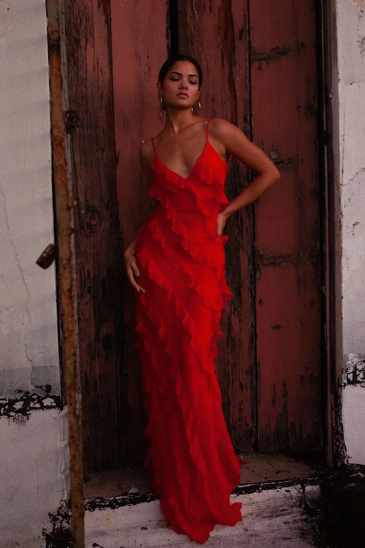 Women's Evening Maxi Dress with Ruffle Detail and Spaghetti Straps