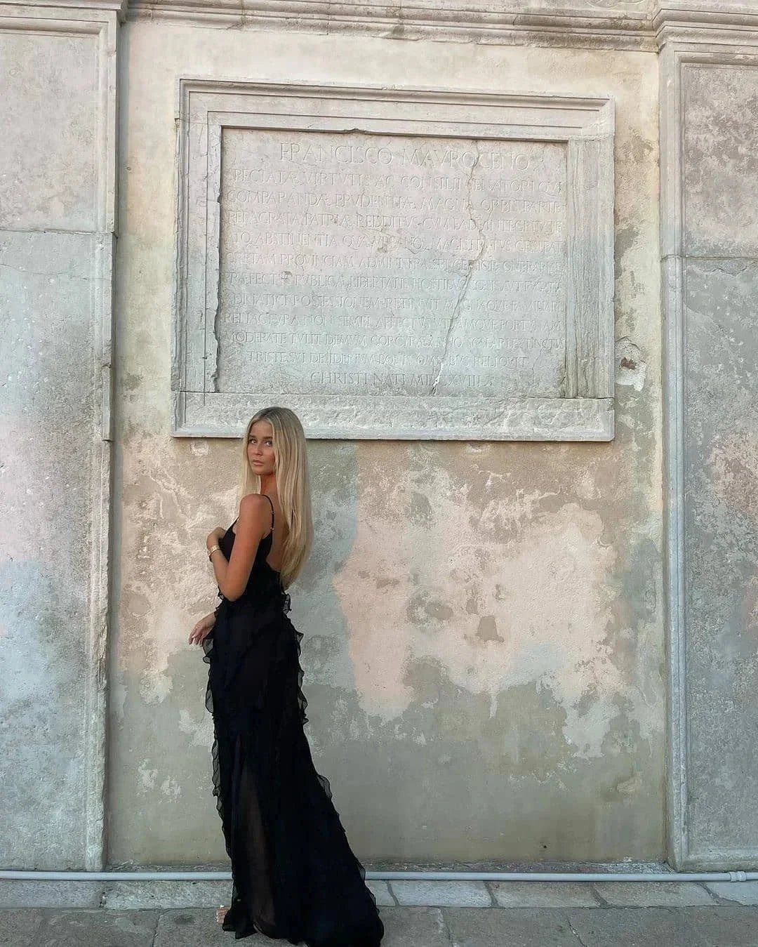 Women's Evening Maxi Dress with Ruffle Detail and Spaghetti Straps