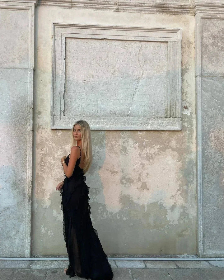 Women's Evening Maxi Dress with Ruffle Detail and Spaghetti Straps