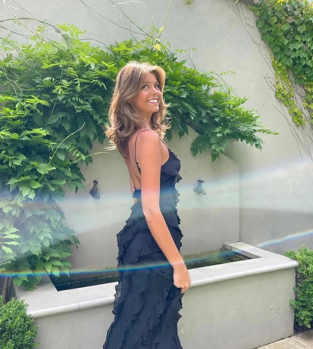 Women's Evening Maxi Dress with Ruffle Detail and Spaghetti Straps
