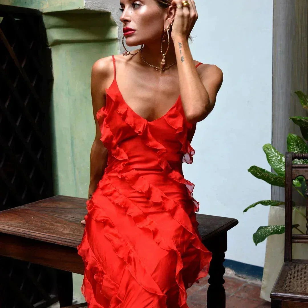Women's Evening Maxi Dress with Ruffle Detail and Spaghetti Straps