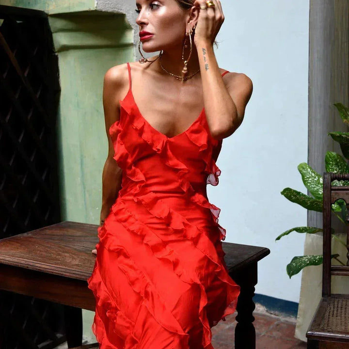 Women's Evening Maxi Dress with Ruffle Detail and Spaghetti Straps