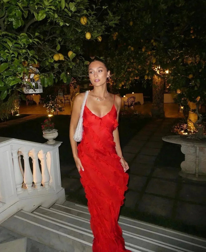 Women's Evening Maxi Dress with Ruffle Detail and Spaghetti Straps