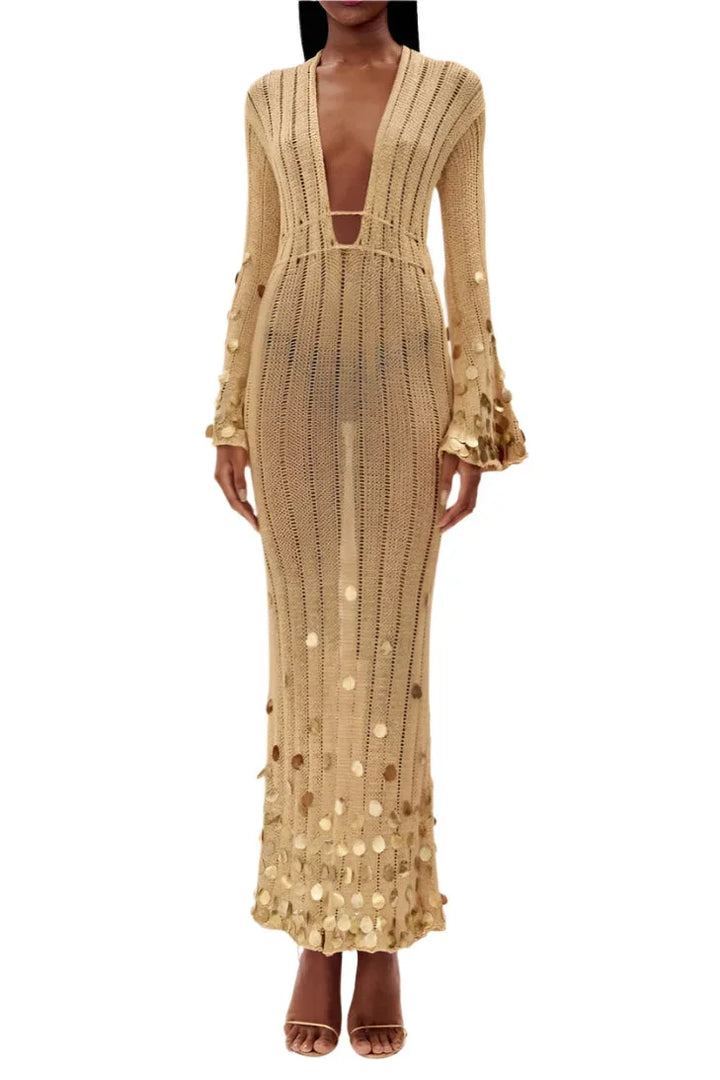 Women's Evening Maxi Dress with Plunge Neckline and Sequin Embellishment