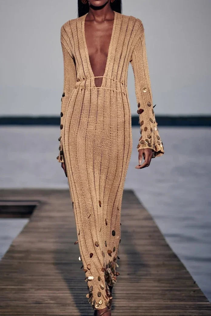 Women's Evening Maxi Dress with Plunge Neckline and Sequin Embellishment