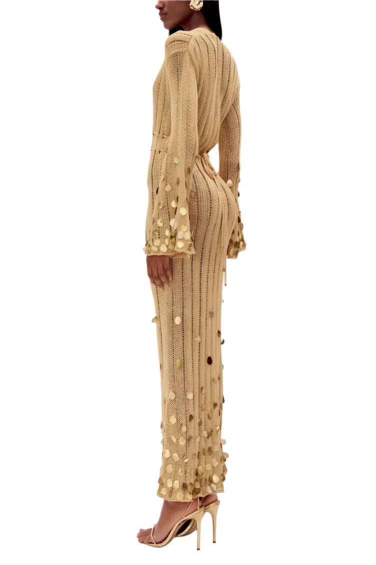 Women's Evening Maxi Dress with Plunge Neckline and Sequin Embellishment