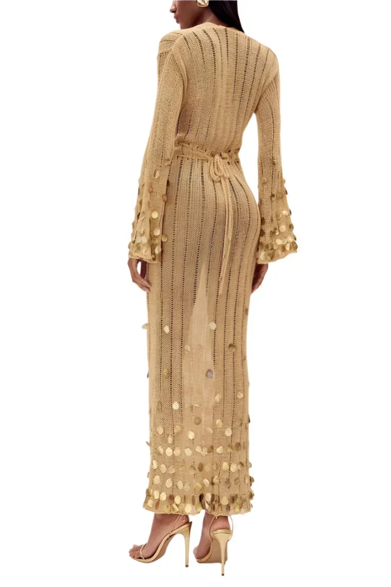 Women's Evening Maxi Dress with Plunge Neckline and Sequin Embellishment