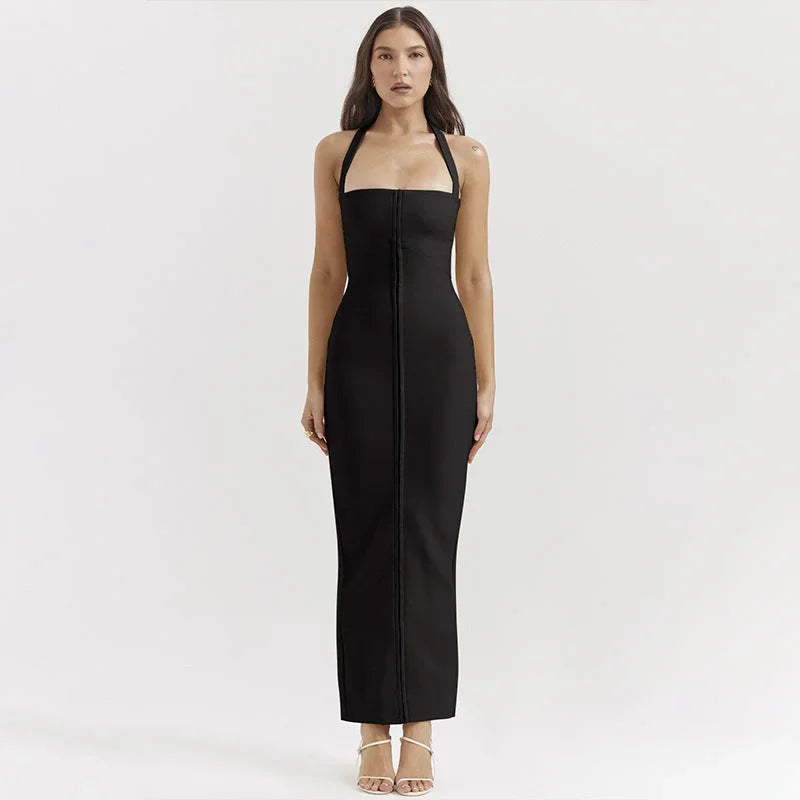 Women's Evening Maxi Dress with Square Neckline and Spaghetti Straps