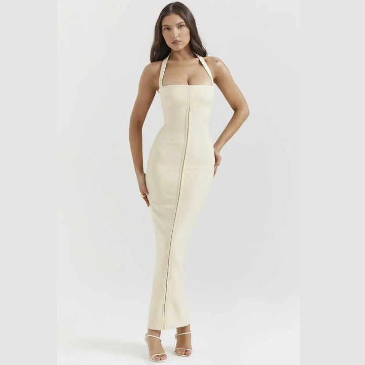 Women's Evening Maxi Dress with Square Neckline and Spaghetti Straps