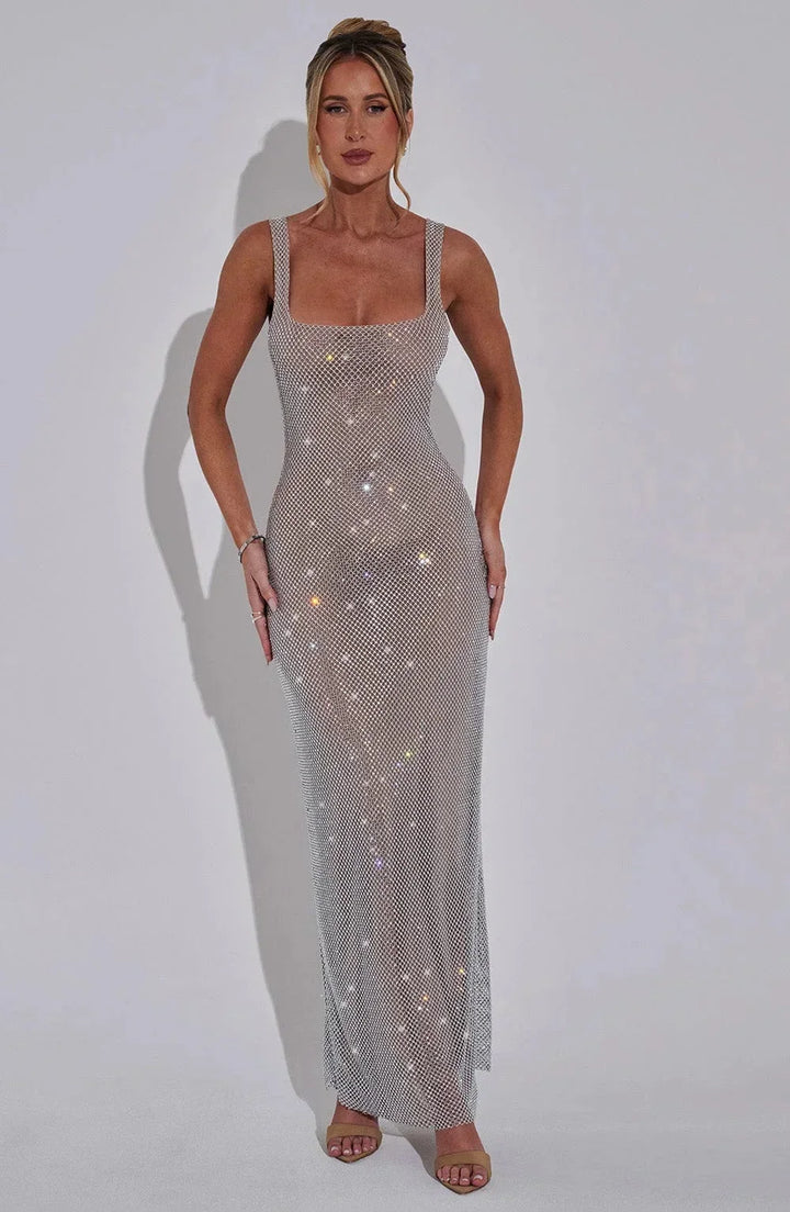 Women's Evening Maxi Dress with Sequin Detail and Sleeveless Design