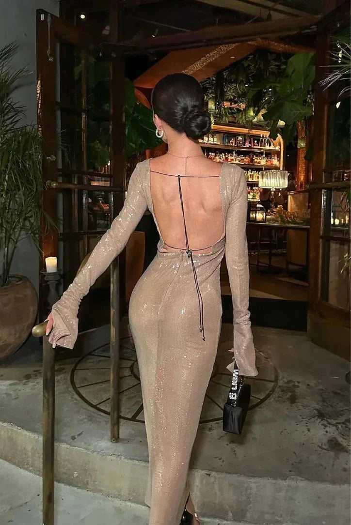 Women's Evening Maxi Dress with Long Sleeves and Sequin Detail