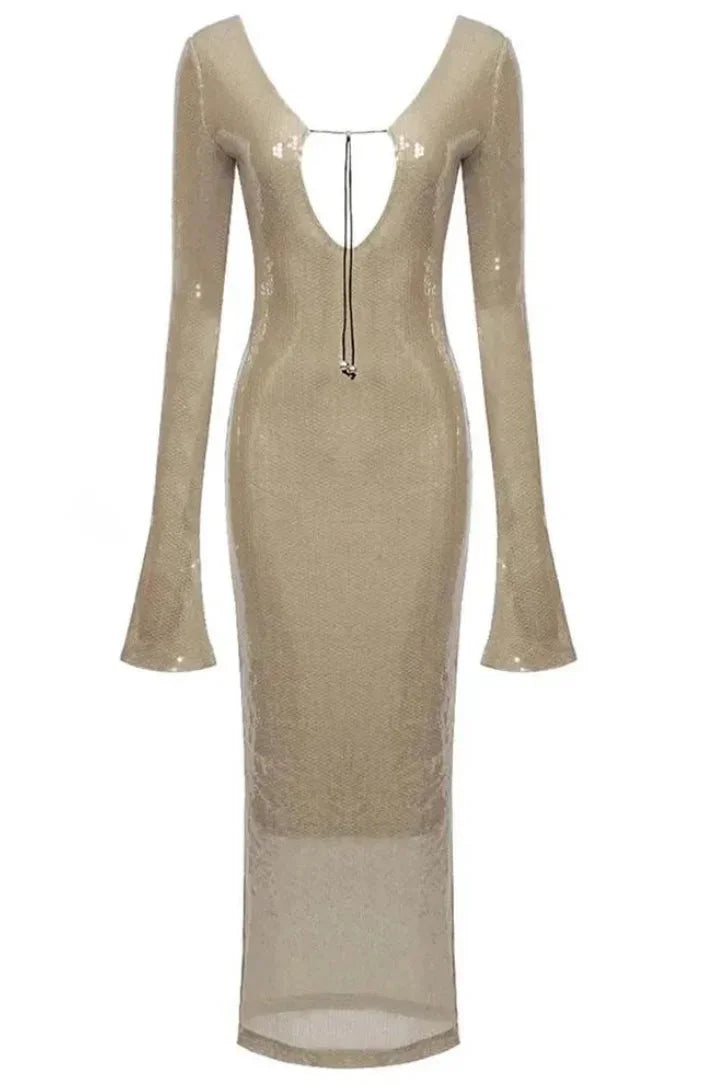 Women's Evening Maxi Dress with Long Sleeves and Sequin Detail