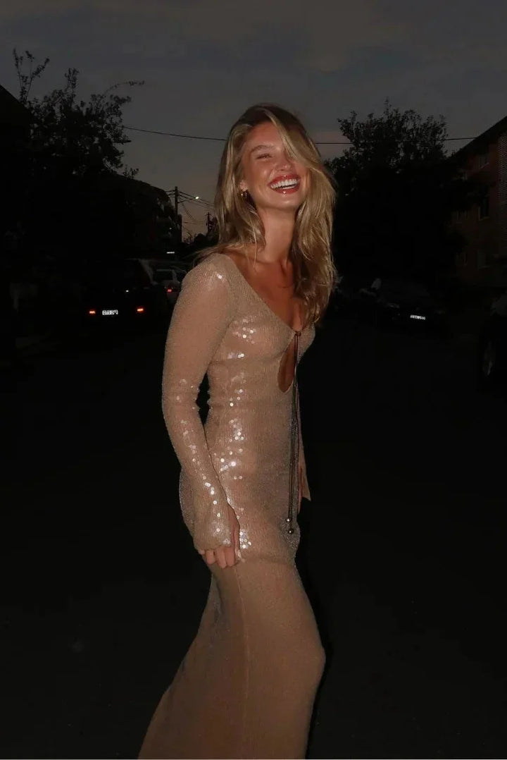 Women's Evening Maxi Dress with Long Sleeves and Sequin Detail