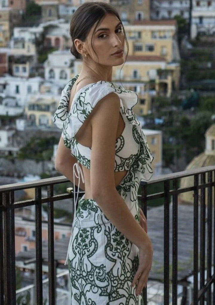 Women's Wedding Guest Maxi Dress with Floral Print and Open Back