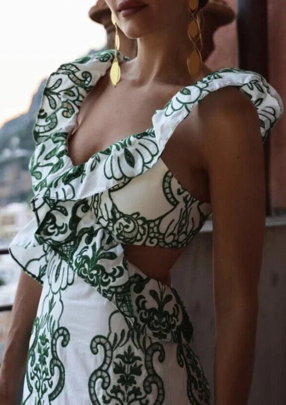 Women's Wedding Guest Maxi Dress with Floral Print and Open Back