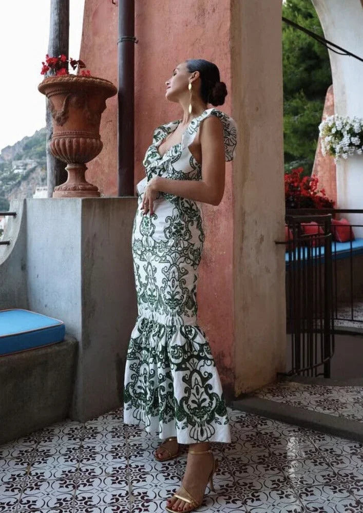 Women's Wedding Guest Maxi Dress with Floral Print and Open Back