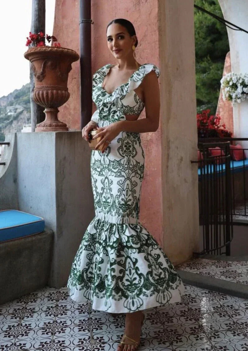 Women's Wedding Guest Maxi Dress with Floral Print and Open Back