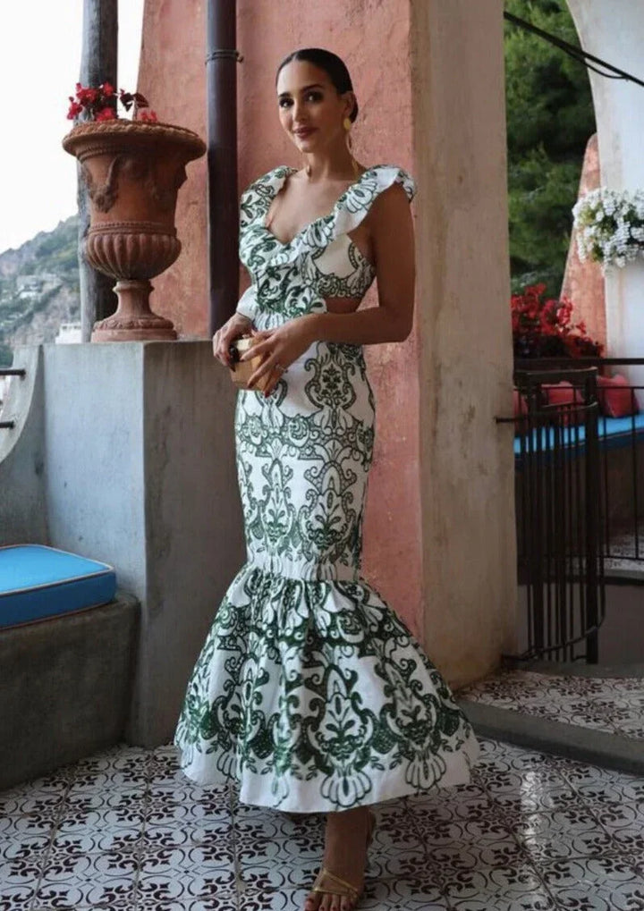 Women's Wedding Guest Maxi Dress with Floral Print and Open Back