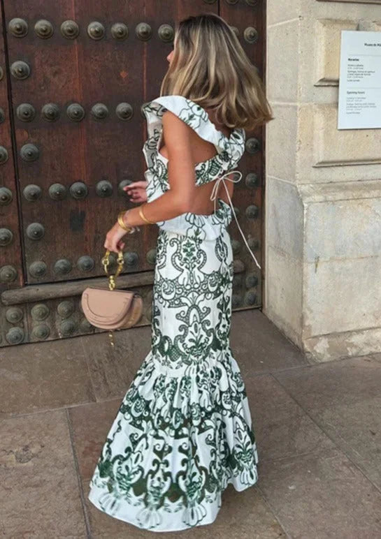 Women's Wedding Guest Maxi Dress with Floral Print and Open Back