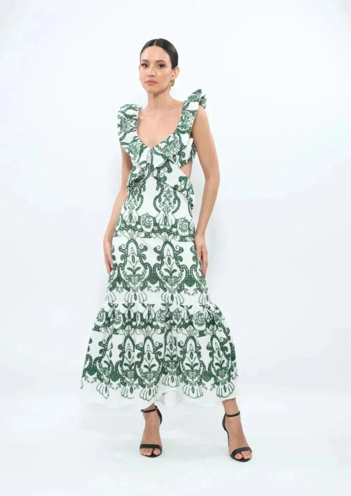 Women's Wedding Guest Maxi Dress with Floral Print and Open Back