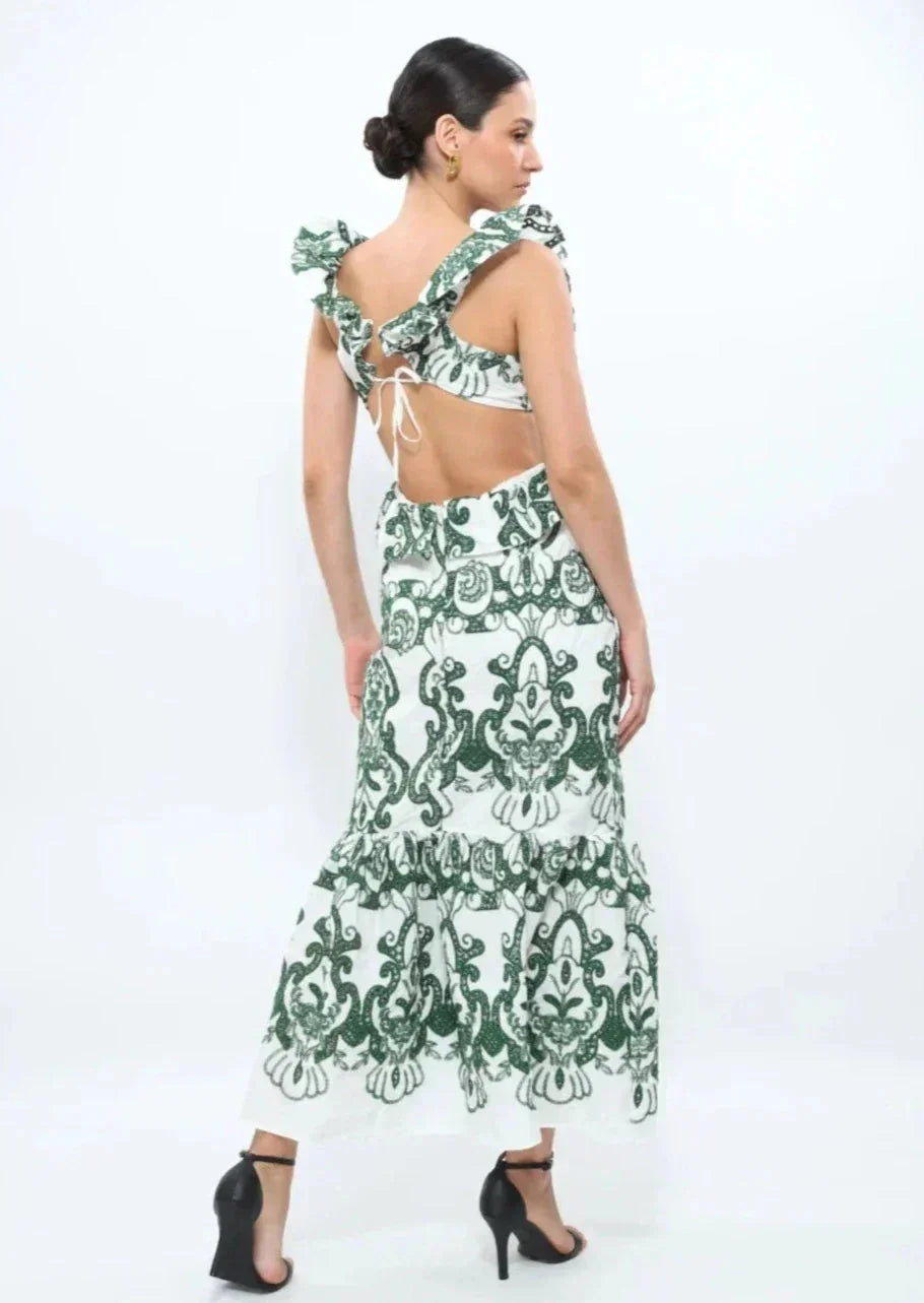 Women's Wedding Guest Maxi Dress with Floral Print and Open Back