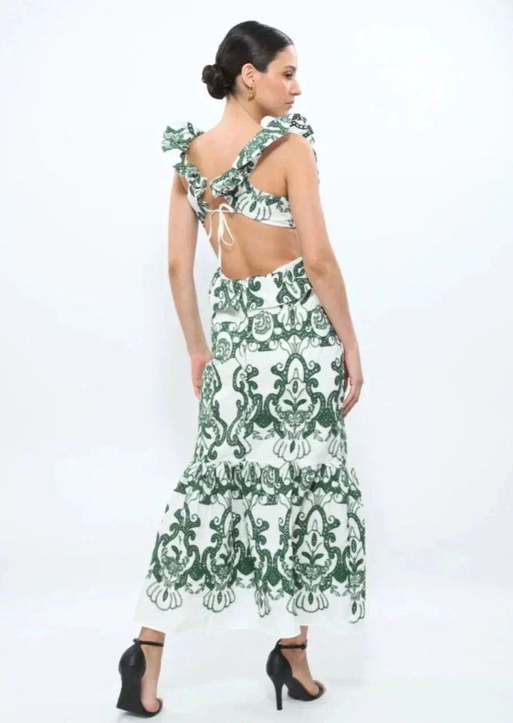 Women's Wedding Guest Maxi Dress with Floral Print and Open Back